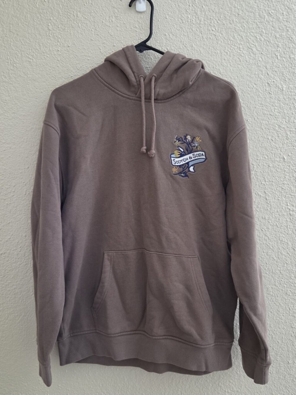 Scotch & Soda Mens Pullover Hoodie M Taupe Embroidered Floral Crest
